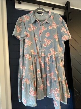 Light Denim Floral Tiered Button-Front Dress